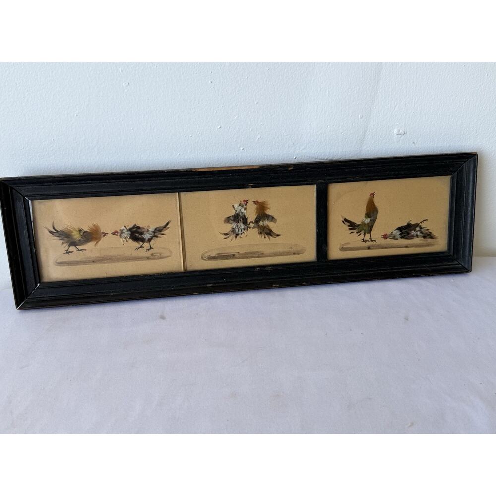 Framed Miniature Mixed Media Real Feather Triptych Roosters Antique